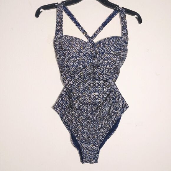 NipTuck Patterned One Piece Swimsuit Navy Blue Ruched Criss Cross Back Size 6 - Picture 2 of 15